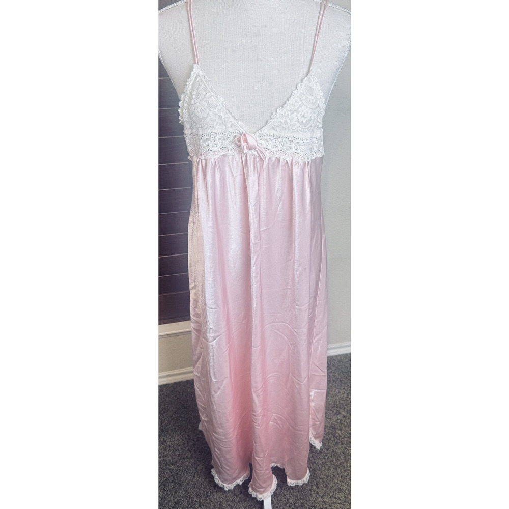 Vintage 90s CC Courtenay Pink Satin Lace Nightgown Long full length sz L slip